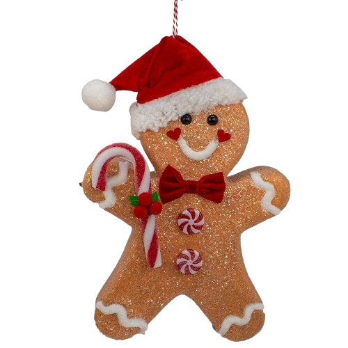 [J8260] GINGERBREAD WITH CANDY CANE & SANTA HAT ORNAMENT