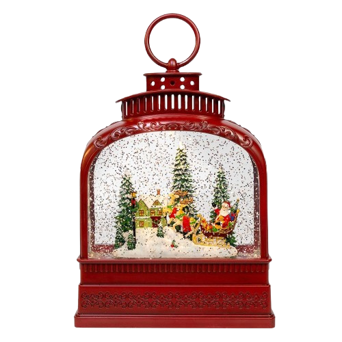 [JEL0170] 8.5" BATTERY OPERATED USB LED LIGHTED SANTA ON SLEIGH LANTERN WITH SPINNING GLITTER WATER