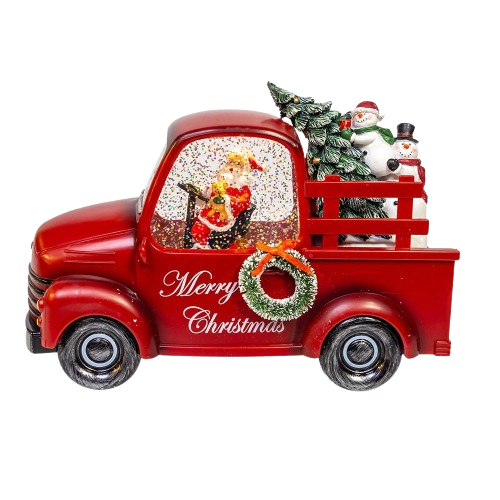 [JEL0171] 9.5" BATTERY OPERATED USB LED LIGHTED SANTA & CHRISTMAS TREE IN TRUCK WATER GLOBE 