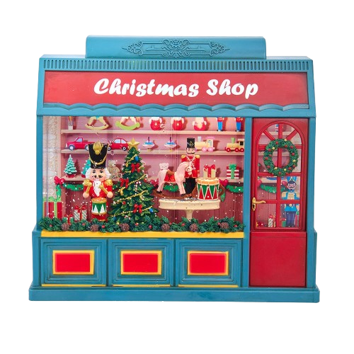 [JEL1056] 8.375" BATTERY OPERATED USB LED LIGHTED CHRISTMAS SHOP WITH SPINNING GLITER WATER 