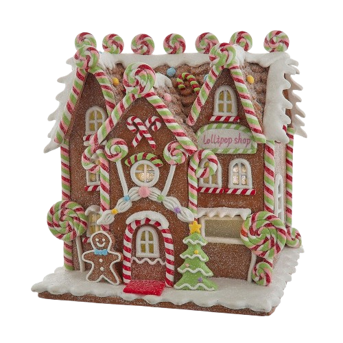 [JEL1416] 8.46" BATTERY OPERATED LED LIGHTED GINGERBREAD LOLLIPOP SHOP 