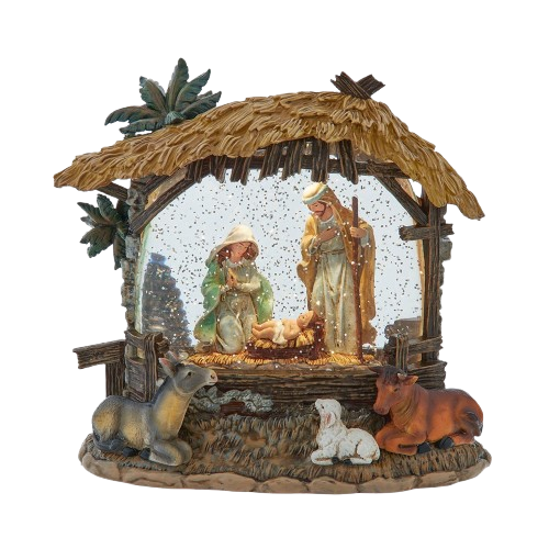 [N1063] 8" BATTERY OPERATED USB LIGHTED NATIVITY SCENE WITH SPINNING GLITTER WATER