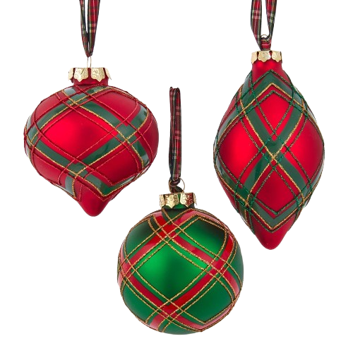 [T3348] 70-80 MM GLASS RED & GREEN PLAID, BALL, ONION & FINIAL ORNAMENTS / INDIVIDUAL 