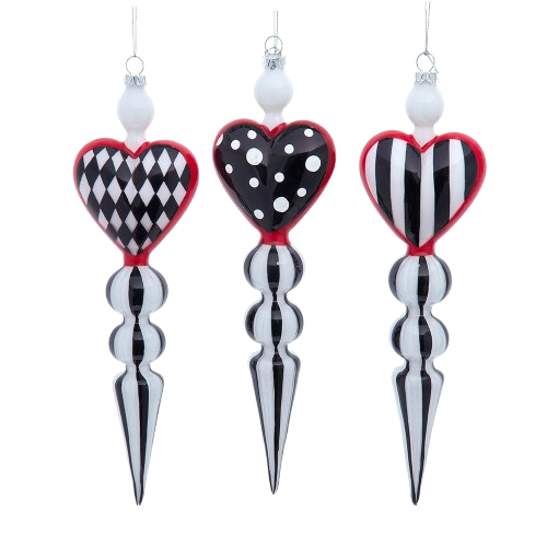 [T3823] GLASS BLACK, WHITE & RED HEART PATTERN ICICLE ORNAMENTS / INDIVIDUAL 