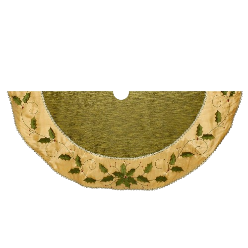 [TS0160] 54" GREEN AND GOLD WITH HOLLY LEAVES EMBROIDERED TREE SKIRT 