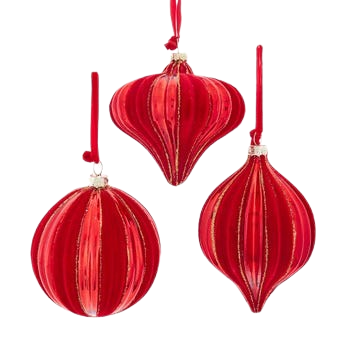 [D4744] 100MM Glass Flocked Red With Gold Glitter Ball, Onion & Finial Ornaments, 3 Assorted