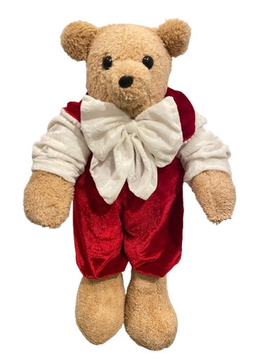 [002108] 23” TEDDY BEAR BOY CAMEL VESTIDO DE                   TERCIOPELO ROJO.