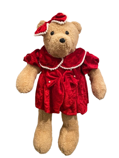 [002109] 23” TEDDY BEAR GIRL CAMEL VESTIDA DE                   TERCIOPELO ROJO. 