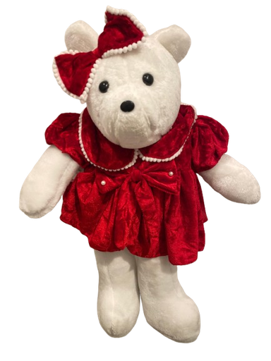 [002110] 23” TEDDY BEAR GIRL WHITE VESTIDA DE                   TERCIOPELO ROJO. 