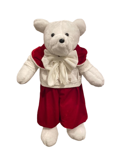[002111] 23” TEDDY BEAR BOY WHITE VESTIDO DE                   TERCIOPELO ROJO. 