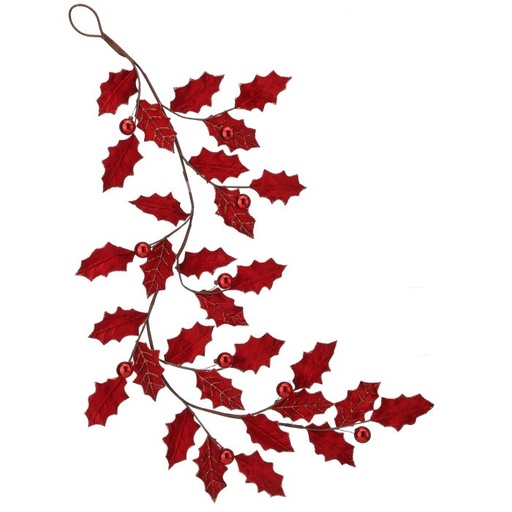 [MTX73408] 47" VELVET HOLLY LEAF GARLAND W/BALL - RED