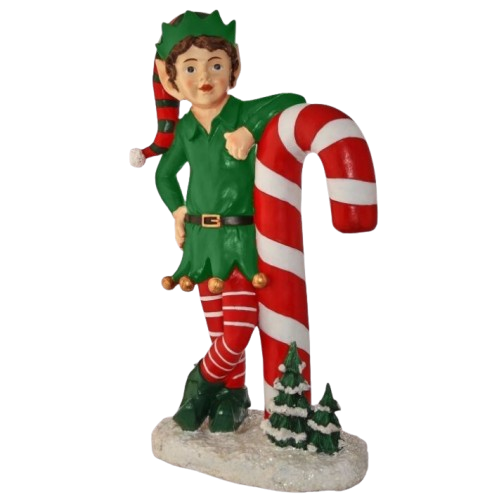 [MTX66538] 36" RESIN OUTDOOR ELF LEANING ON CANDYCANE