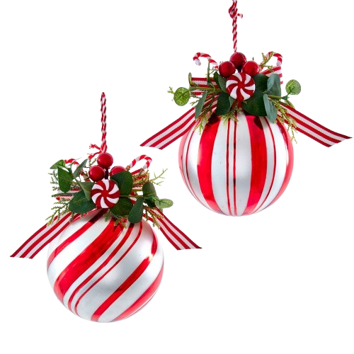 [D4096] PEPPERMINT GLASS BALL CANDY AND GREENERY ORNAMENTS / INDIVIDUAL 