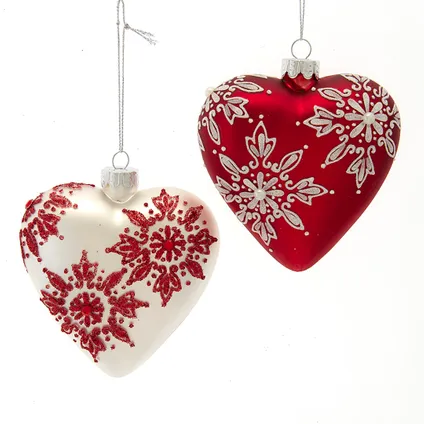 [086131588419] GLASS MATTE RED AND WHITE HEART ORNAMENTS