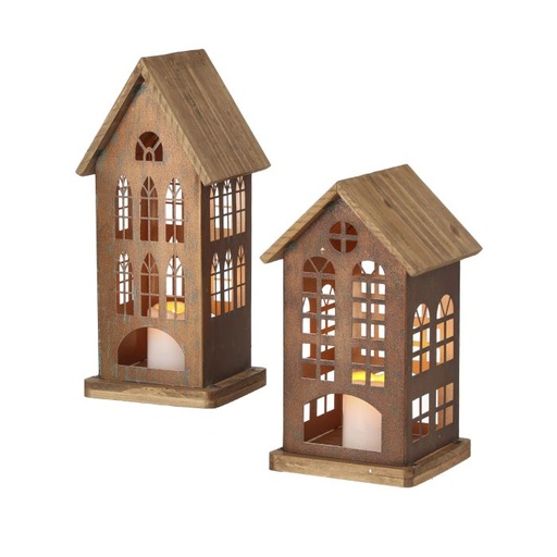 [MTX74641] 11-13" METAL/WOOD HOUSE CANDLE HOLDER INDIVIDUAL