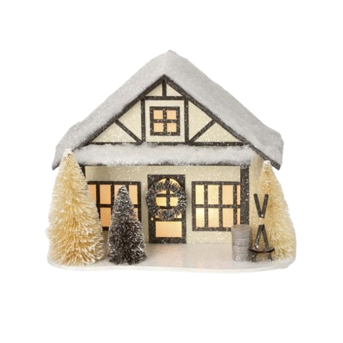 [MTX73899] 10" LED/BTY/TMR CARDBOARD SKI CHALET