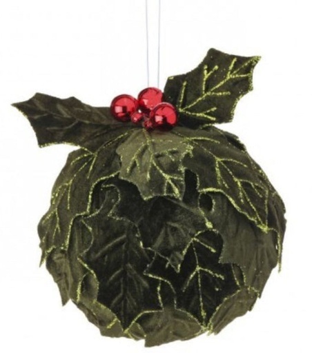 [MTX73409] 6" VELVET HOLLY LEAF KISSING BALLW/BALL -DARK GREEN RED