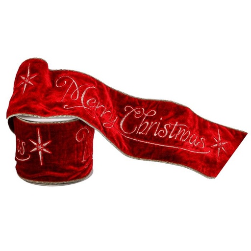 [MTX72656] 4"X5Y "MERRY XMAS"VELVET RIBBON W/TINSEL EDGE