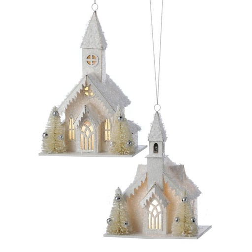 [MTX72135] 6" LED/BTY TMR VILLAGE CHURCH ORNAMENT INDIVIDUAL