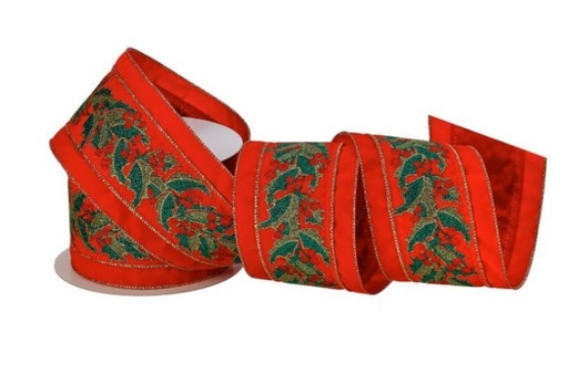[743903176327] 4"X10Y VELVET W/HOLLY METLALIC OVERLAY RIBBON