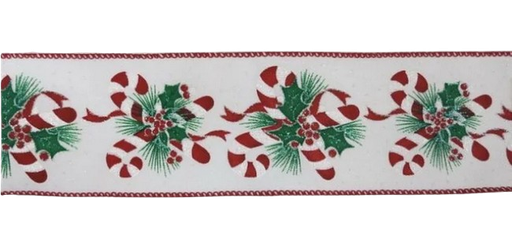 [MTX71814] 2.5"X10Y CANDY CANE W/HOLLY PRINT RIBBON