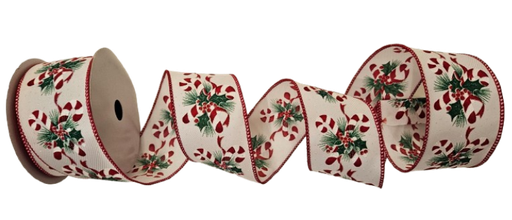 [MTX71814] 2.5"X10Y CANDY CANE W/HOLLY PRINT RIBBON