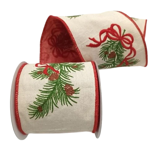 [MTX71612] 4"X5Y PINE BRANCH EMBR COTTON RIBBON