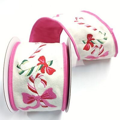 [743903173401] 4"X5Y CANDY CANE/BOW EMBR WOOL FELT RIBBON