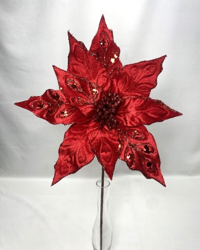 [743903153625] 24" VELVET POINSETTIA W/JEWEL STEM