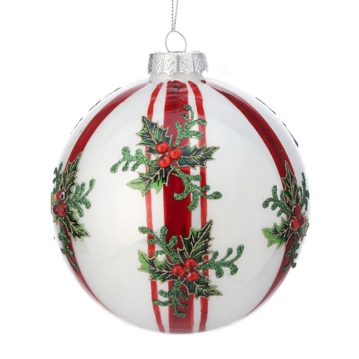 [MTX70275] 5"GLS PEARLIZED HOLLY/STRIPE BALL ORN