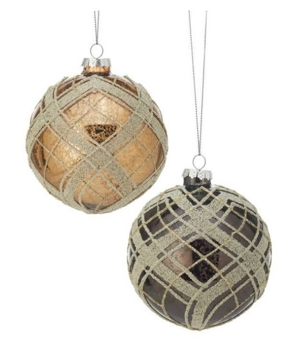 [743903150341] 4" SHINY GLS PLAID BALL ORN INDIVIDUAL