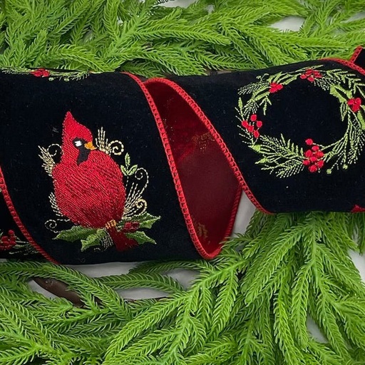 [743903112783] 4"X5Y CARDINAL/WREATH EMB VELVET RIBBON