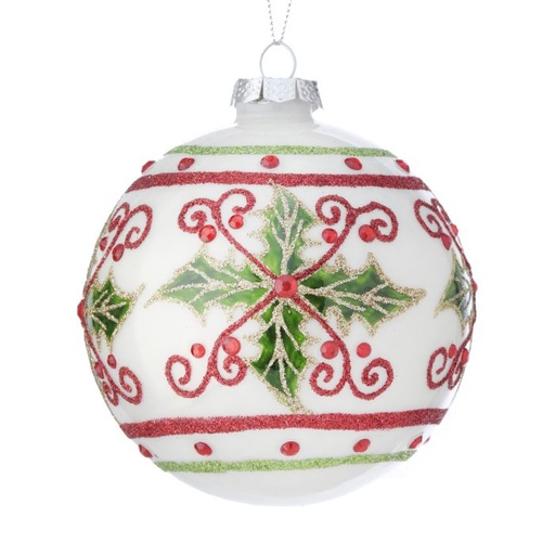 [MTX69306] 4"GLASS JEWEL HOLLY SCROLL BALL ORNAMENT