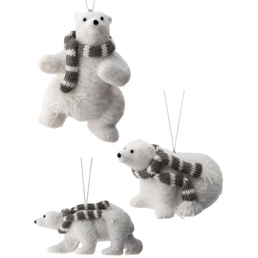 [MTX67954] 4-6" FLOCKED POLAR BEAR W/SCARF ORNAMENT INDIVIDUAL