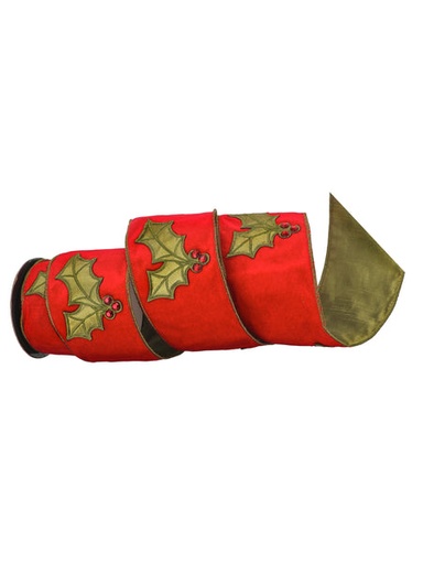 [MTX67664] 4"X5Y VELVET EMBROID HOLLY LEAF/JEWEL RIBBON