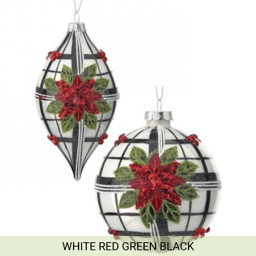 [MTX66744] GLASS POINSETTIA PLAID BALL/FINIAL ORNAMENT