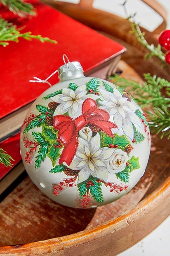 [743903021450] 5" GLASS POINSETTIA/HOLLY BALL ORNAMENT