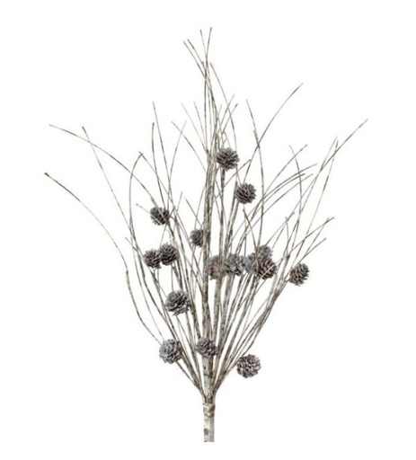 [743902906321] 24" FROST BIRCH WRAPPED TWIG W/CONES SPRAY