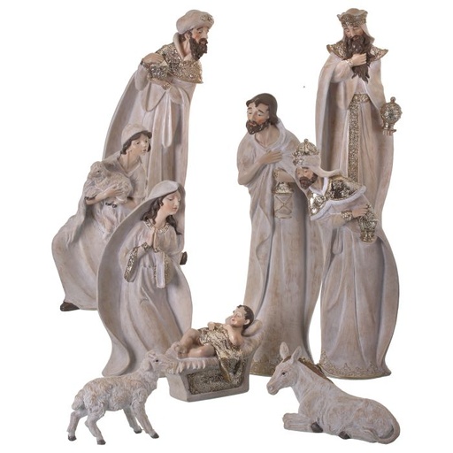 [MTX60977] 7-18´´WHITEWASH NATIVITY W/GOLD TRIM SET/9´´