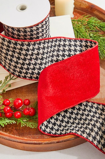 [743902679461] 4"X5Y HOUNDS TOOTH/VELVET WIRED RIBBON 