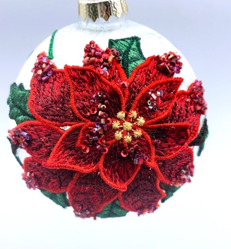 [743902000760] 5" GLASS FABRIC POINSETTIA FRST BALL ORNAMENT