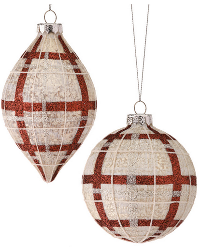[743902000210] 4-5"GLS FOREST PLAID BALL/FINIAL ORNAMENT INDIVIDUAL