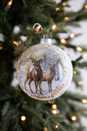 [MTX65264] 5" GLASS DEER W/HOLLY SCROLL BALL ORNAMENT 