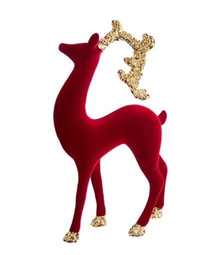 [D4379] 12"PLASTIC CRANBERRY FLOCKED DEER W/GOLD