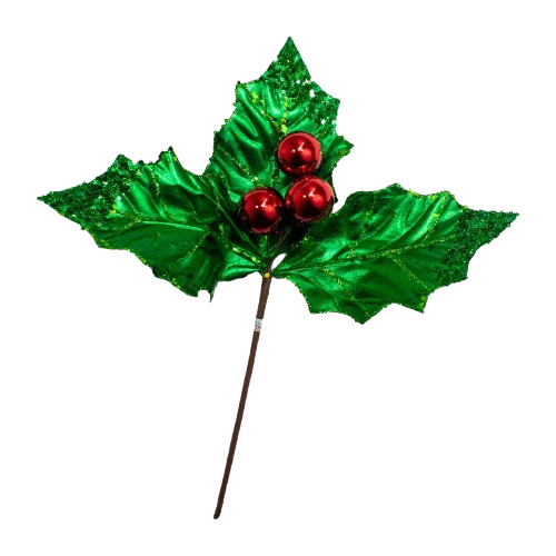 [C0305] 19"GREEN HOLLY LEAF PICK W/RED BERRY