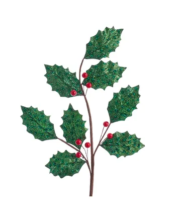 [C0297] 22"GLITTER HOLLY LEAF SPRAY W/RED BERRY.