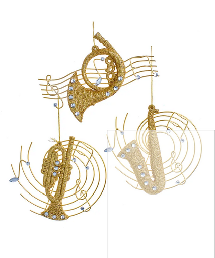 [086131826245] 5"GOLD GLITTER MUSICAL INSTRUMENT ORN SILVER JEWEL