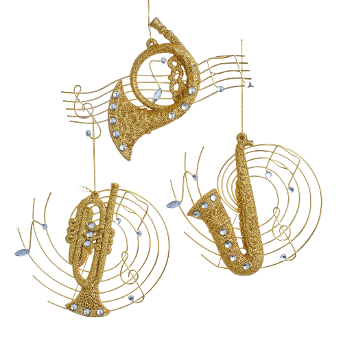 [J8244] 5"GOLD GLITTER MUSICAL INSTRUMENT ORN SILVER JEWEL