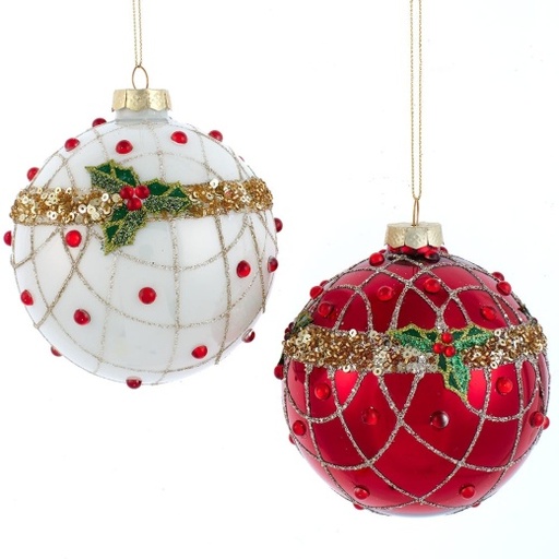 [086131825774] 4"GLASS RED & WHITE BALLS W/RED GEMSGOLD GLITTER
