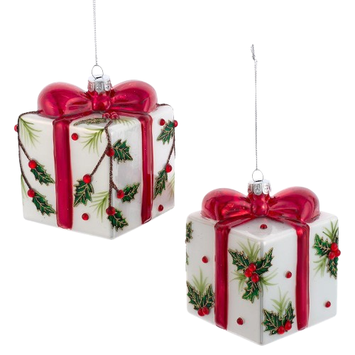 [F2233] 3.5X3" GLASS HOLLY DECORATED PRESENT  / INDIVIDUAL 